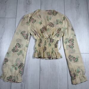 Vintage 60s 70s Size XS Long Sleeve Floral Flared Sleeve Cinched Waist Boho Whit
